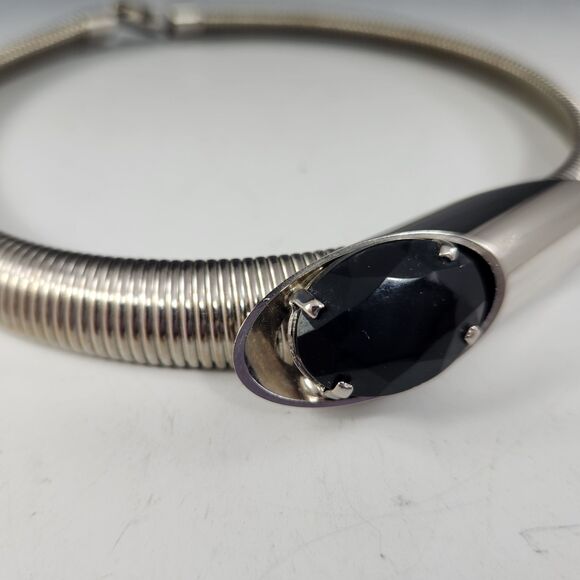 Choker Necklace Black Inset 1980s Deco Stainless Chrome Collar Snake Metal Coil - Picture 5 of 8